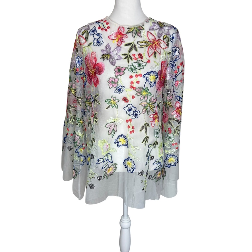 Marc Bouwer Womens Medium White Mesh Floral‎ Embroidered Bell Sleeve Top